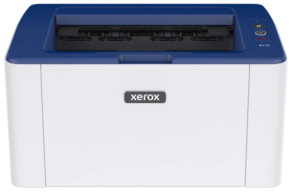 Tlačiareň Xerox s modrým vrchným krytom a bielym telom.