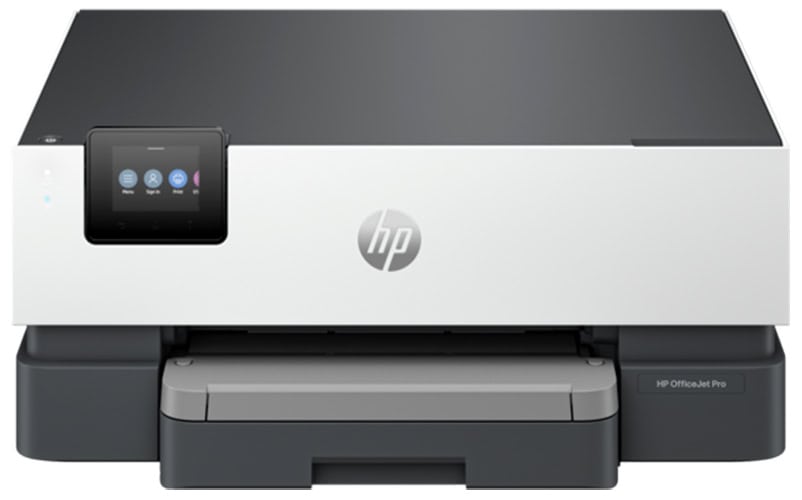 Tlačiareň HP OfficeJet Pro s dotykovým displejom a zásobníkom papiera.